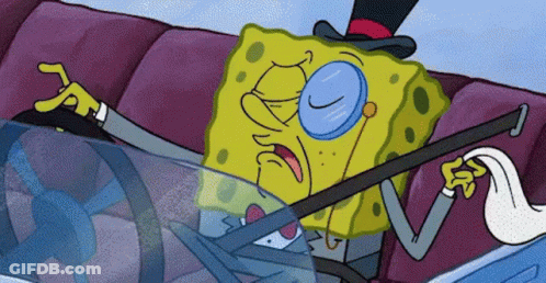 A Cartoon Of Spongebob Wearing A Top Hat And Glasses Driving A Car GIF