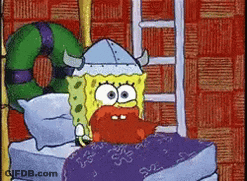 A Cartoon Of Spongebob Wearing A Viking Hat Laying In Bed GIF