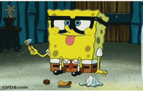 A Cartoon Of Spongebob Wearing Glasses And A Mustache Eating A Banana GIF