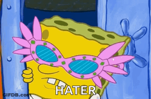 A Cartoon Of Spongebob Wearing Pink Sunglasses With The Word Hater Written Below Him GIF