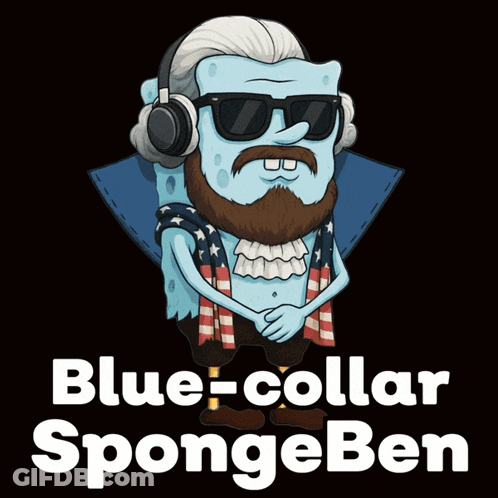 A Cartoon Of Spongebob With A Beard Wearing Headphones And Sunglasses GIF