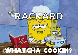A Cartoon Of Spongebob With A Bowl Of Food And A Book That Says Rackard GIF