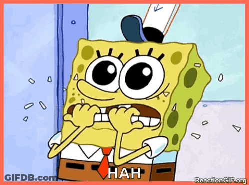 A Cartoon Of Spongebob With A Hat And Tie Says ' Hah ' GIF