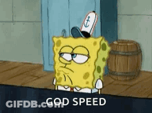 A Cartoon Of Spongebob With A Hat On His Head And The Words `` God Speed '' . GIF
