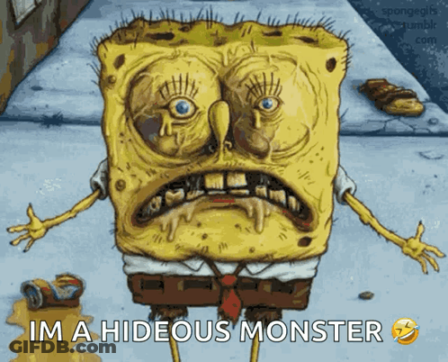 A Cartoon Of Spongebob With A Hideous Monster Face GIF