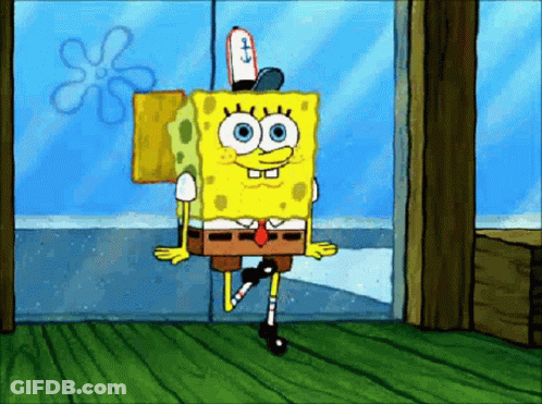 A Cartoon Of Spongebob With A Prosthetic Leg Standing In Front Of A Window GIF
