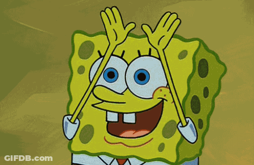 A Cartoon Of Spongebob With His Hands Up In The Air GIF