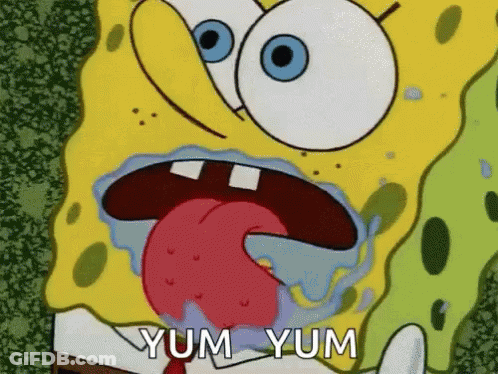 A Cartoon Of Spongebob With His Tongue Hanging Out And The Words Yum Yum GIF