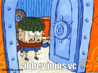 A Cartoon Of Spongebob With The Words Abbey Joins Vc Written On The Bottom GIF