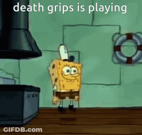 A Cartoon Of Spongebob With The Words Death Grips Is Playing On The Bottom GIF
