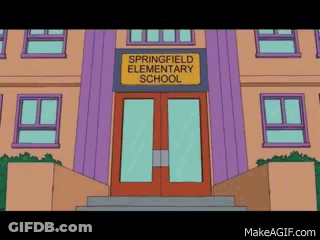 A Cartoon Of Springfield Elementary School With A Yellow Sign Above The Door GIF