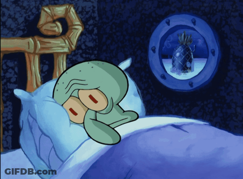 A Cartoon Of Squidward From Spongebob Sleeping In A Bed GIF