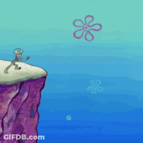 A Cartoon Of Squidward From Spongebob Squarepants Standing On A Cliff Overlooking The Ocean GIF