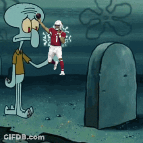 A Cartoon Of Squidward Holding A Football Next To A Football Player Wearing Number 1 GIF