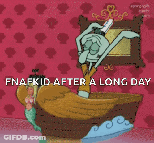 A Cartoon Of Squidward In A Boat With The Words Fnafkid After A Long Day GIF