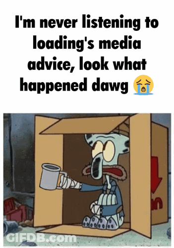 A Cartoon Of Squidward Sitting In A Cardboard Box Holding A Cup Of Coffee GIF