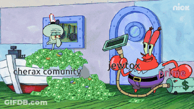 A Cartoon Of Squidward Standing Next To A Pile Of Money With The Words Cherax Community Written On The Bottom GIF