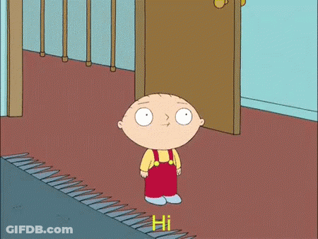 A Cartoon Of Stewie Saying Hi In A Hallway GIF
