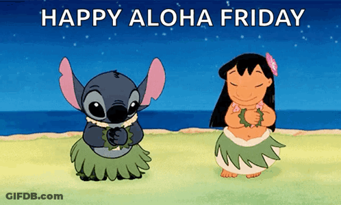 A Cartoon Of Stitch And Lilo Dancing With The Words Happy Aloha Friday GIF