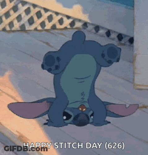 A Cartoon Of Stitch Doing A Handstand With The Words Happy Stitch Day Written Below It GIF