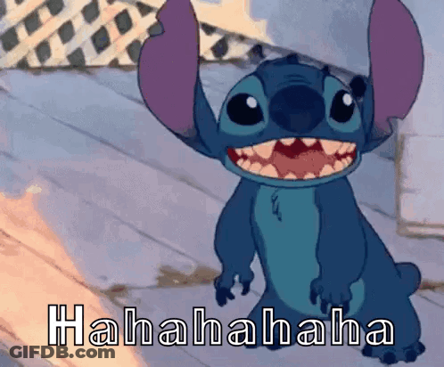 A Cartoon Of Stitch Laughing With The Words ' Hahahaha ' Written Below Him GIF