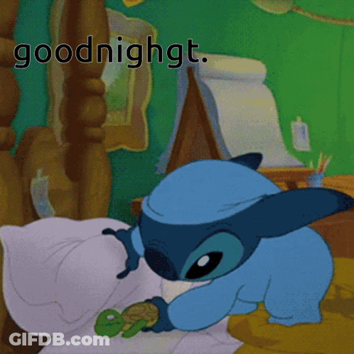 A Cartoon Of Stitch Laying In Bed With The Words Goodnight Above Him GIF