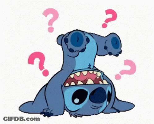 A Cartoon Of Stitch Laying Upside Down With A Question Mark Around His Head GIF