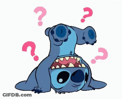 A Cartoon Of Stitch Laying Upside Down With Pink Question Marks Around Him GIF