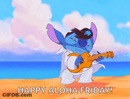 A Cartoon Of Stitch Playing A Guitar With The Words Happy Aloha Friday GIF