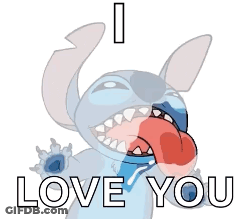 A Cartoon Of Stitch Saying " I Love You " With His Tongue Out GIF