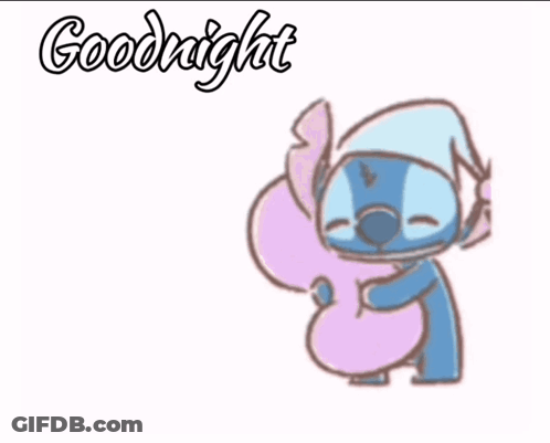 A Cartoon Of Stitch Sleeping On A Pillow With The Words " Goodnight " Above Him GIF