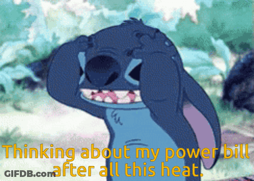 A Cartoon Of Stitch With The Words Thinking About My Power Bill After All This Heat Below Him GIF