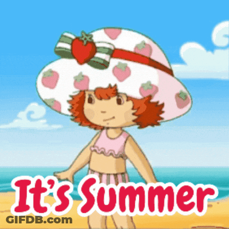 A Cartoon Of Strawberry Shortcake Standing On A Beach With The Words It 'S Summer Below Her GIF