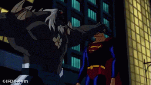 A Cartoon Of Superman Fighting A Monster In A City GIF