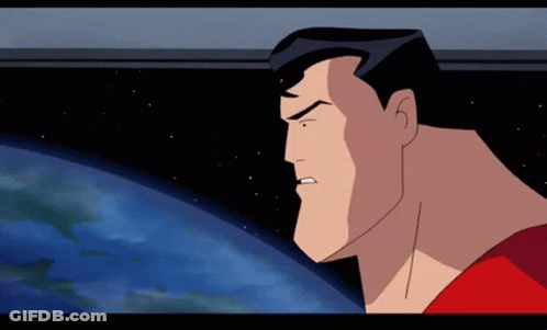 A Cartoon Of Superman Looking At The Earth With An Angry Look On His Face GIF