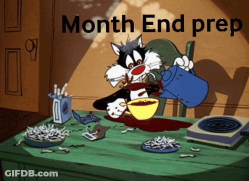 A Cartoon Of Sylvester The Cat Pouring Coffee Into A Cup With The Words Month End Prep Below Him GIF