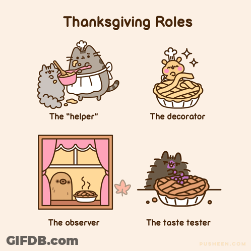 A Cartoon Of Thanksgiving Roles Including The Helper And The Decorator GIF