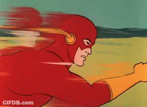 A Cartoon Of The Flash Running In A Field With Mountains In The Background . GIF