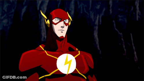 A Cartoon Of The Flash With His Finger On His Head GIF