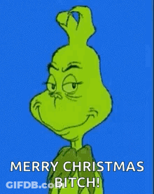 A Cartoon Of The Grinch With A Blue Background And The Words `` Merry Christmas Bitch '' . GIF