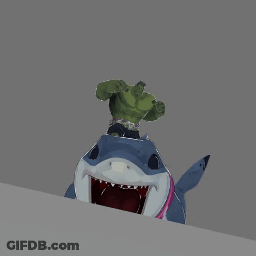 A Cartoon Of The Hulk Riding A Shark With Its Mouth Open GIF
