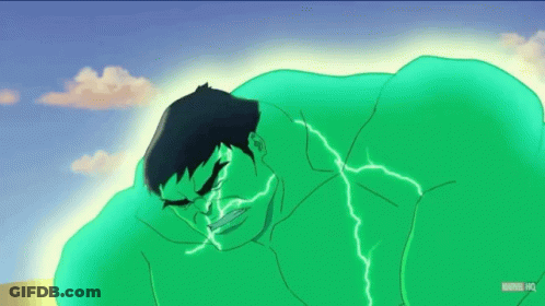 A Cartoon Of The Hulk With Lightning Coming Out Of His Body GIF
