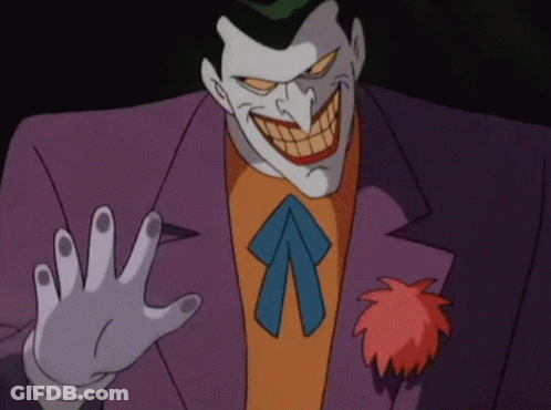 A Cartoon Of The Joker With A Purple Suit And Tie GIF