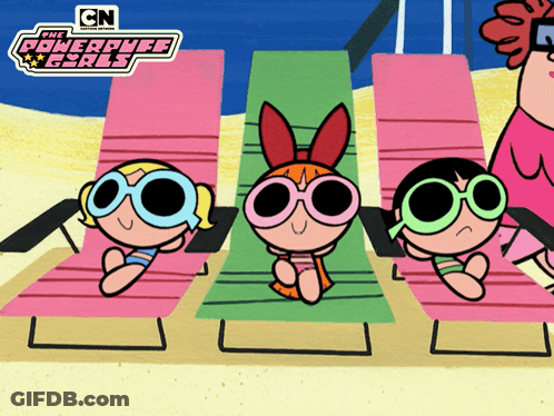 A Cartoon Of The Powerpuff Girls Sitting On A Beach GIF