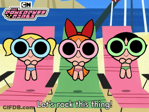 A Cartoon Of The Powerpuff Girls Sitting On The Beach GIF