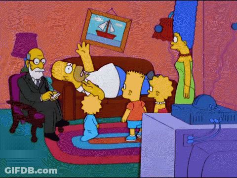 A Cartoon Of The Simpsons Sitting In A Living Room With A Picture Of A Sailboat On The Wall GIF
