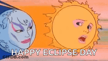 A Cartoon Of The Sun And Moon With Their Faces Painted On Them And The Words `` Happy Eclipse Day '' . GIF