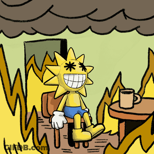 A Cartoon Of The Sun Sitting In A Chair With A Cup Of Coffee GIF