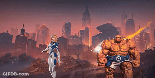 A Cartoon Of The Thing Standing Next To A Woman GIF