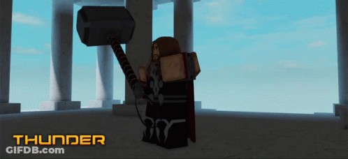 A Cartoon Of Thor Holding A Hammer With The Word Thunder Above Him GIF